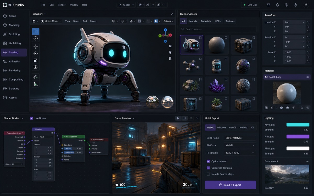 Blender 3D and game project interface mockup