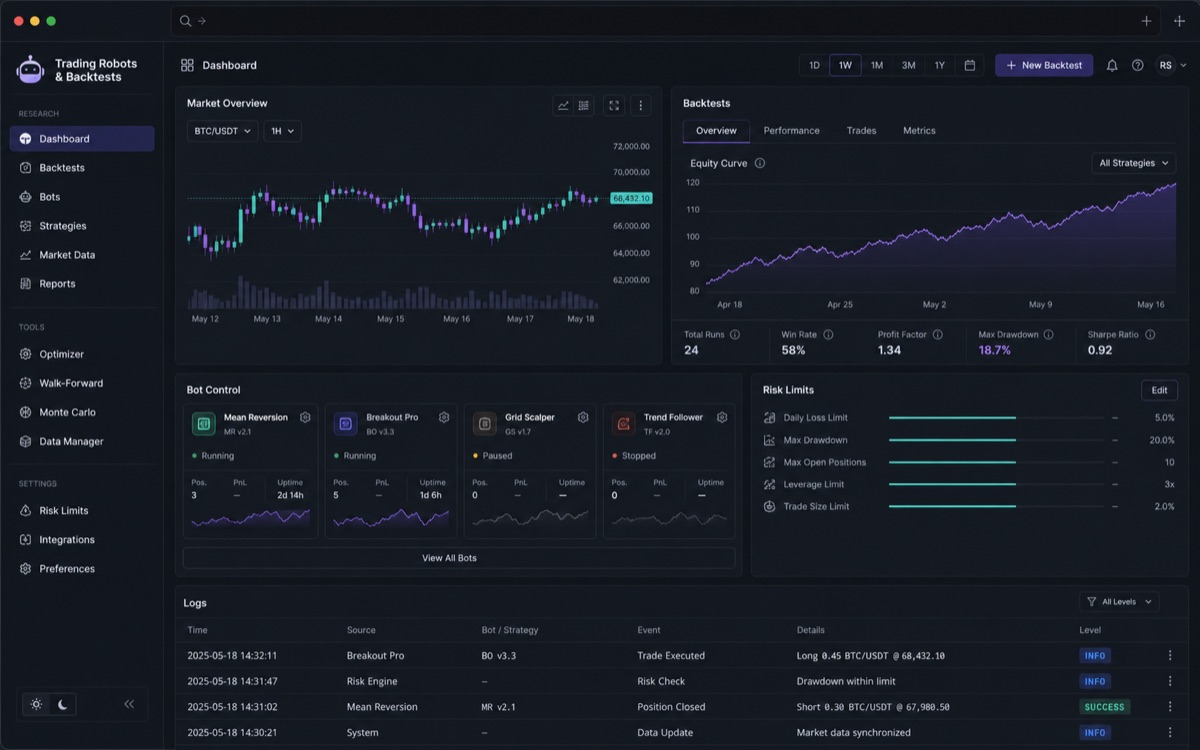 Trading robots and backtesting software dashboard mockup