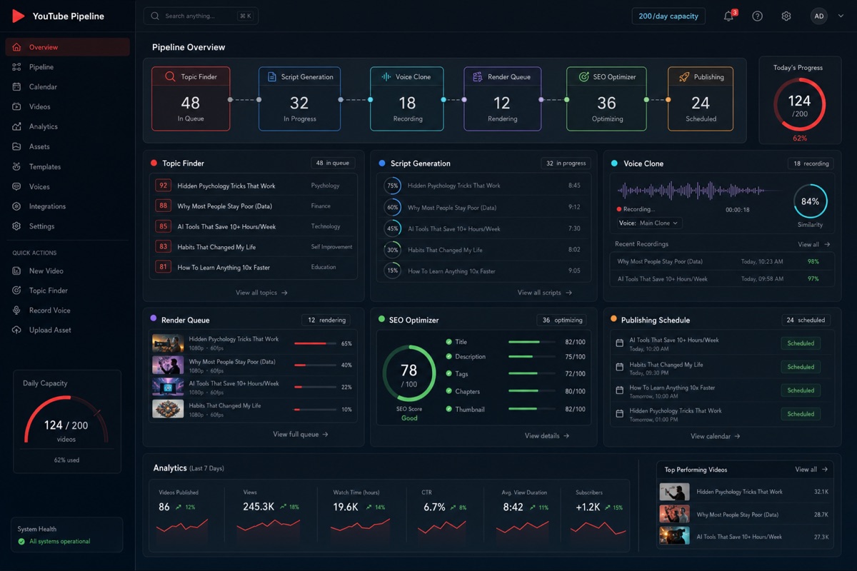 Automated YouTube channel software dashboard mockup